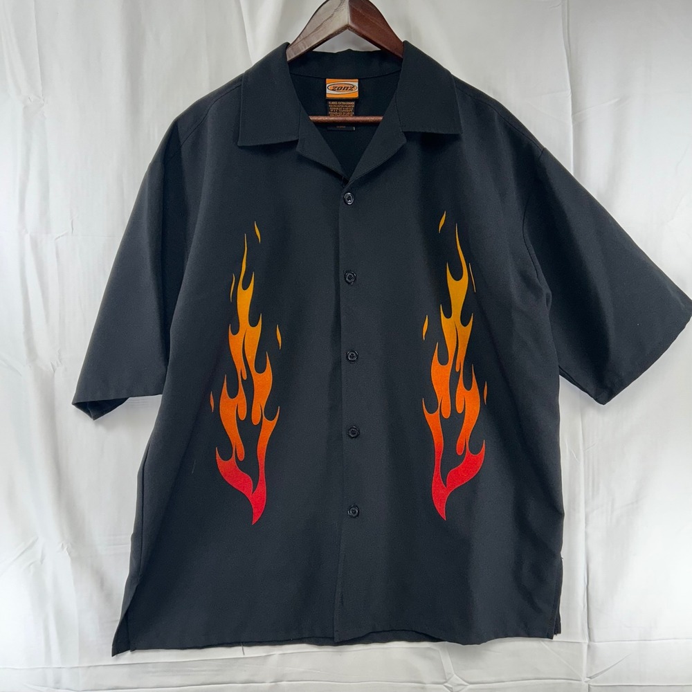 Zonz Button Shirt Mens XL Black Flame Graphic Y2K Streetwear Cyber Short Sleeve